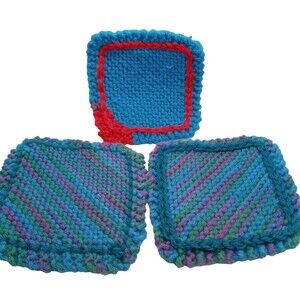Vintage Set 3 Hand Knitted Blue Beverage Coasters Holders 1960's Great